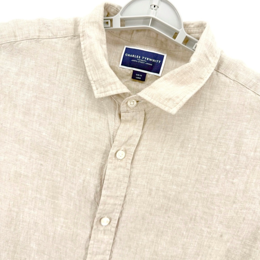 Charles Tyrwhitt Linen Shirt Mens L Beige Slim Fit Long Sleeve Resort Beachy
